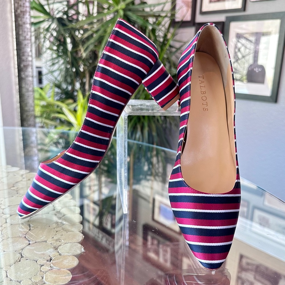 🇺🇸💥Talbots Red White & Blue Ribbon Stripe KELSEY Block Heel Pumps -Sz 7💥🇺🇸
